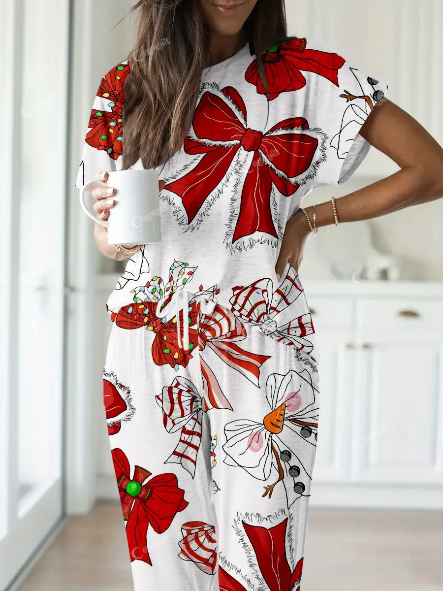 Women's Christmas Bowknot Combination Printed Short Sleeve Homewear Set