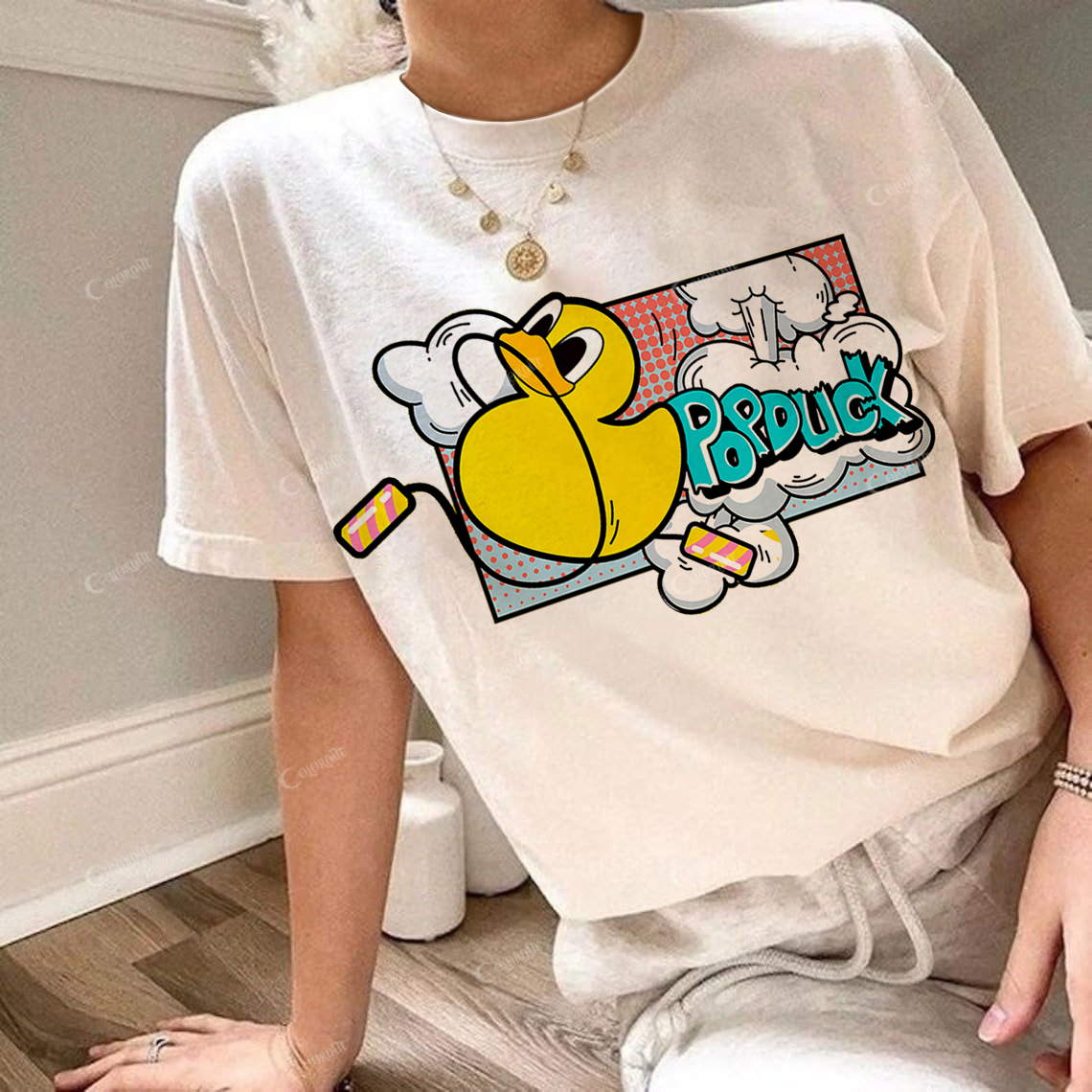 Colordate Women's Cute Duck Print Round Neck Short Sleeve Tee