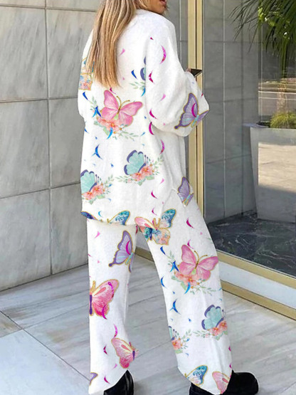 Women's Ribbon Butterfly Pattern V-Neck Long Sleeve Pants Suit
