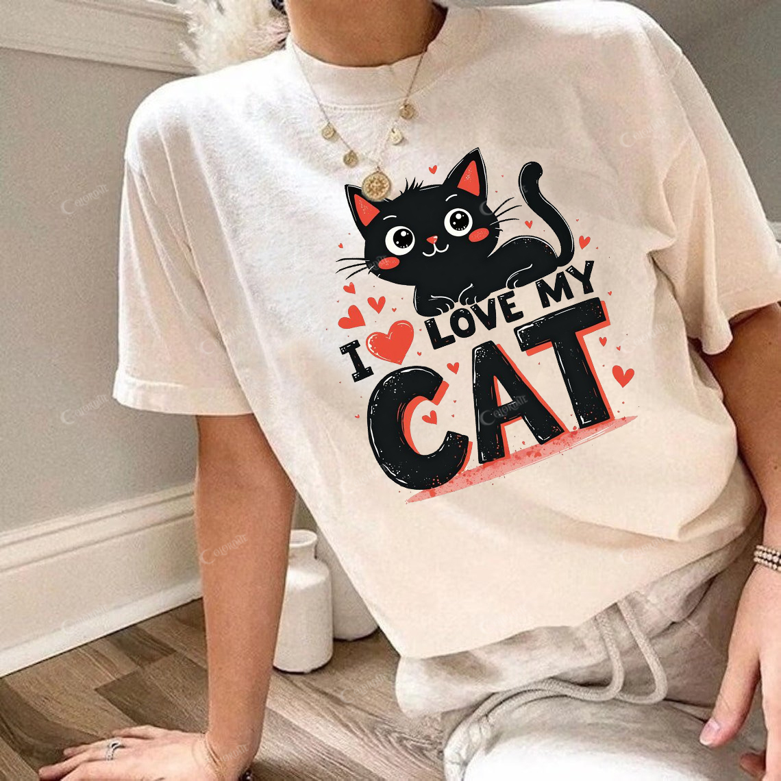 Women's I Love My Cat Print Round Neck Short Sleeve Tee