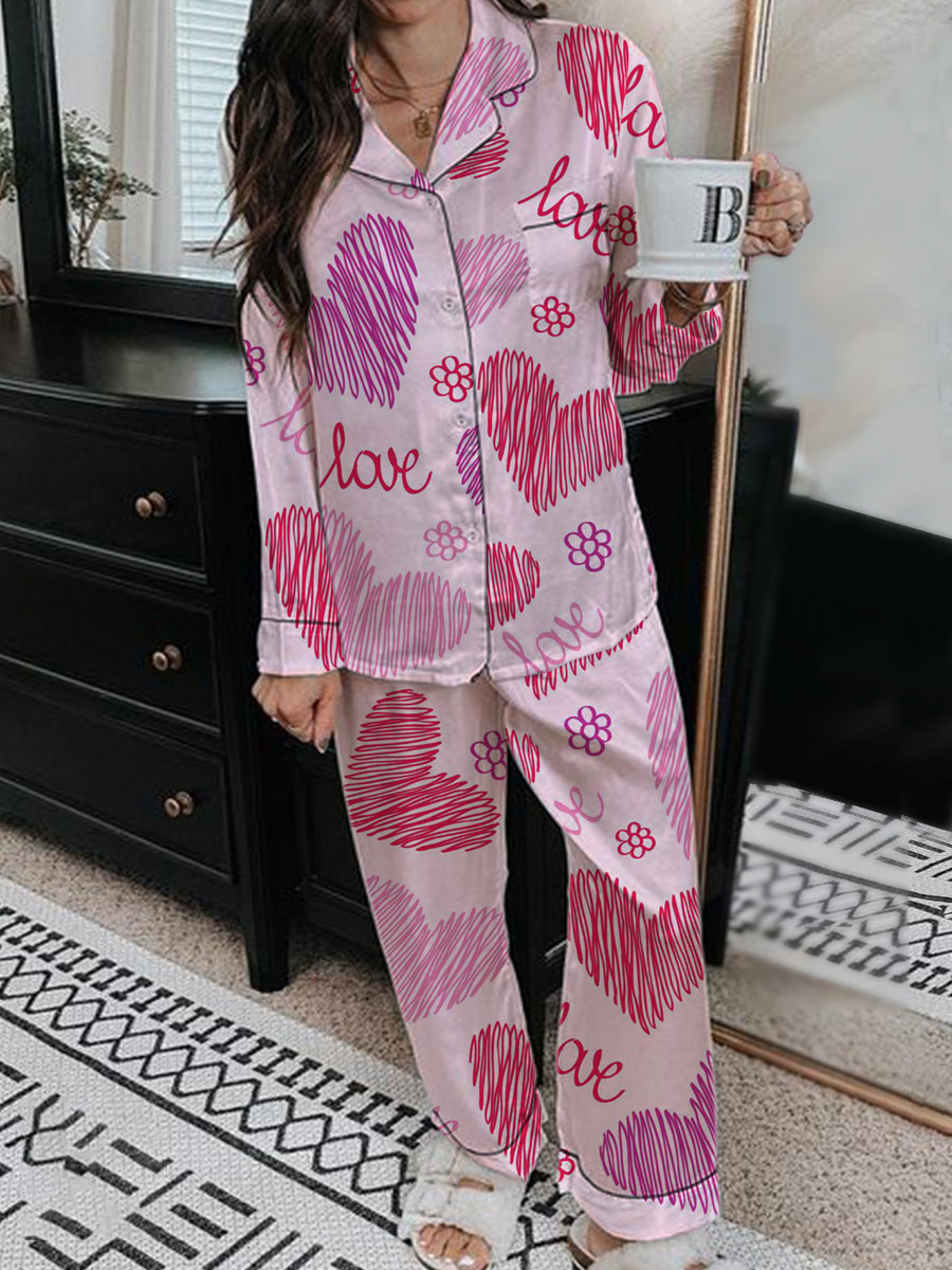 Women's Valentine's Day Heart Graffiti Pattern Long Sleeve Pants Set