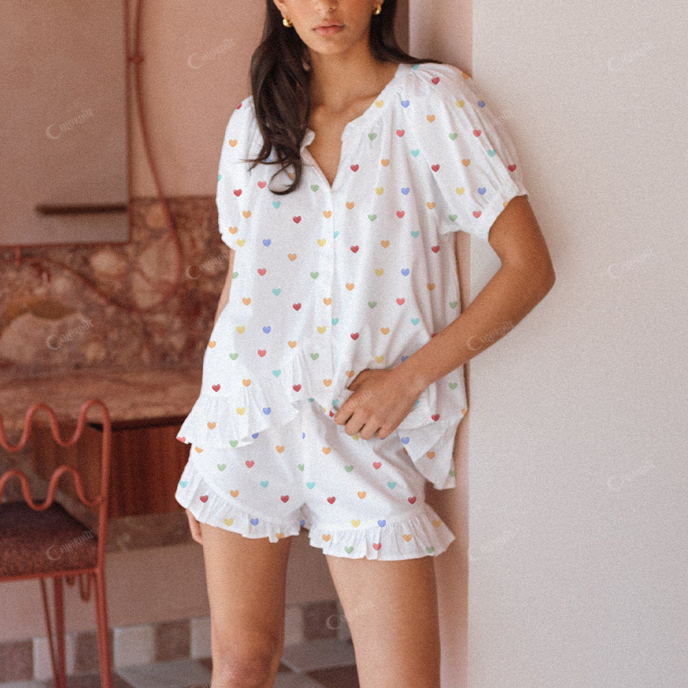 Colorful Heart Print Short Pajama Set
