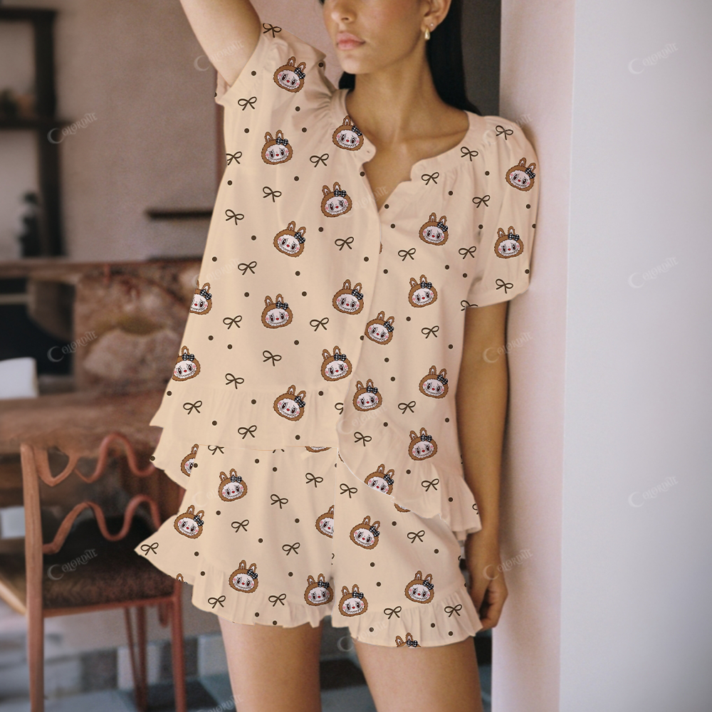 Brown Cartoon Character Print Short Pajama Set