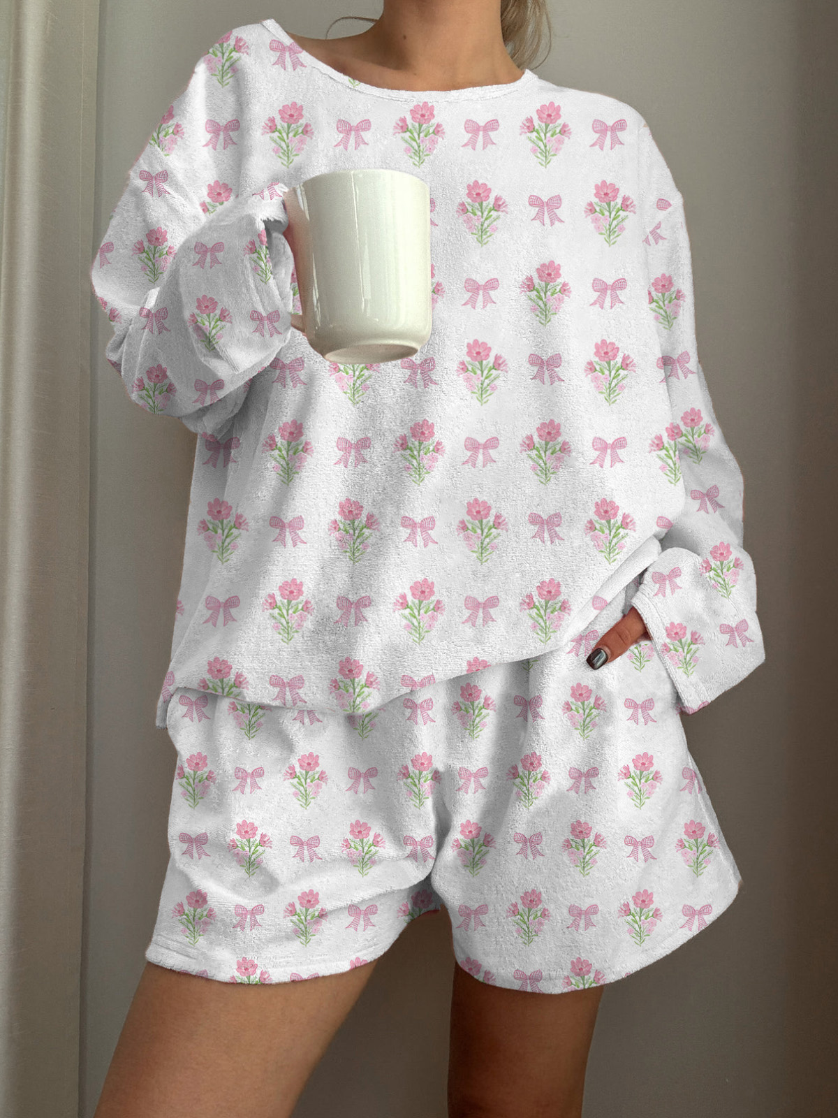 Flower Bow Printed Long-Sleeved Shorts Loungewear Set