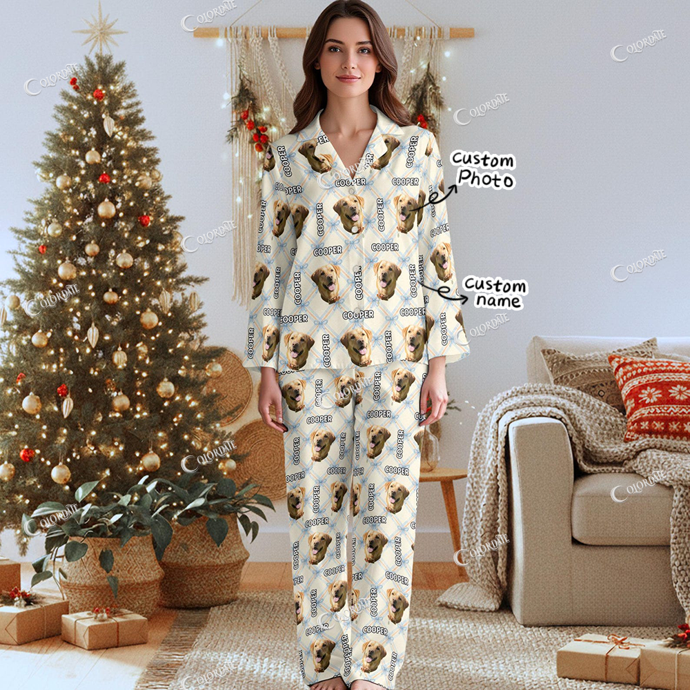 Custom Photo Women's Checkered Print Long Pajama Set 