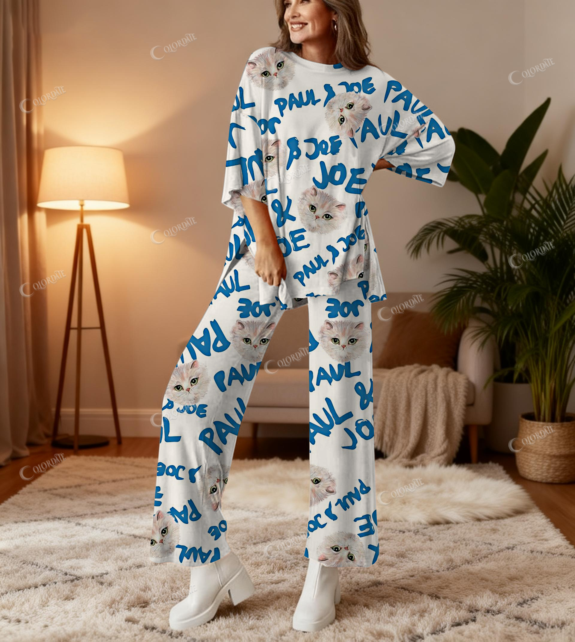 Blue Letter Cat Print Bamboo-Soft Lounge Set Pants