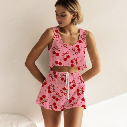 Red Cherry Print Loose Transparent Vest Set