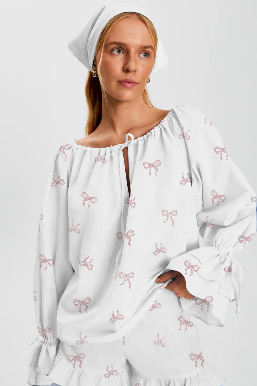 Little Pink Bow Printed Tie-Drawn Long Sleeve Ruffle Shorts Pajama Set