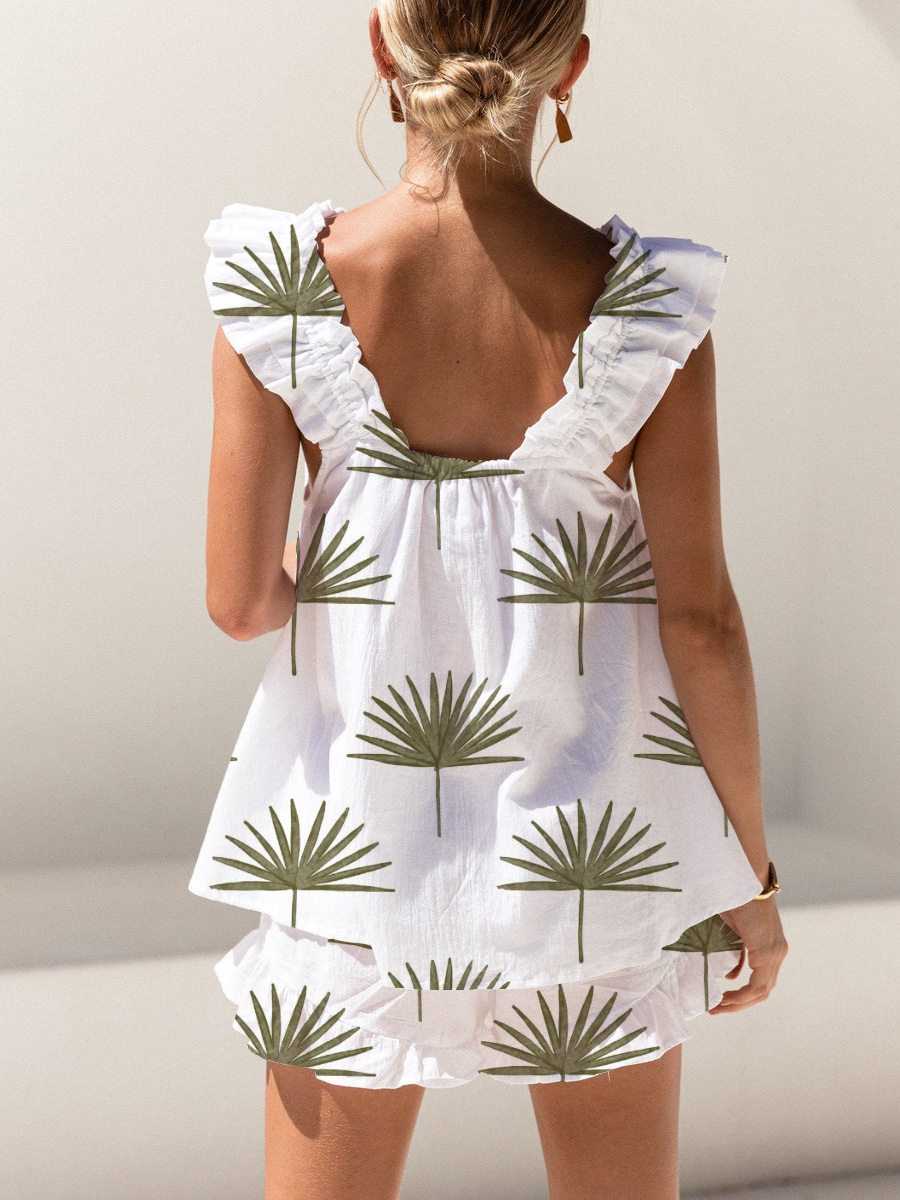Banana Leaf Print Ruffled Trim Short Tank Top Shorts Pajama Set