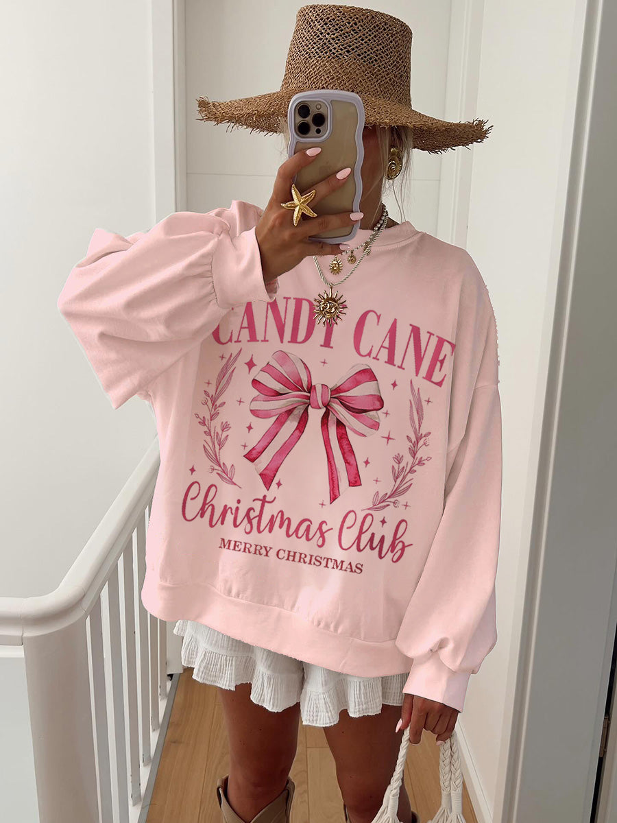 Women's Cotton Christmas Striped Bowknot Printed Home Long Sleeve Sweater