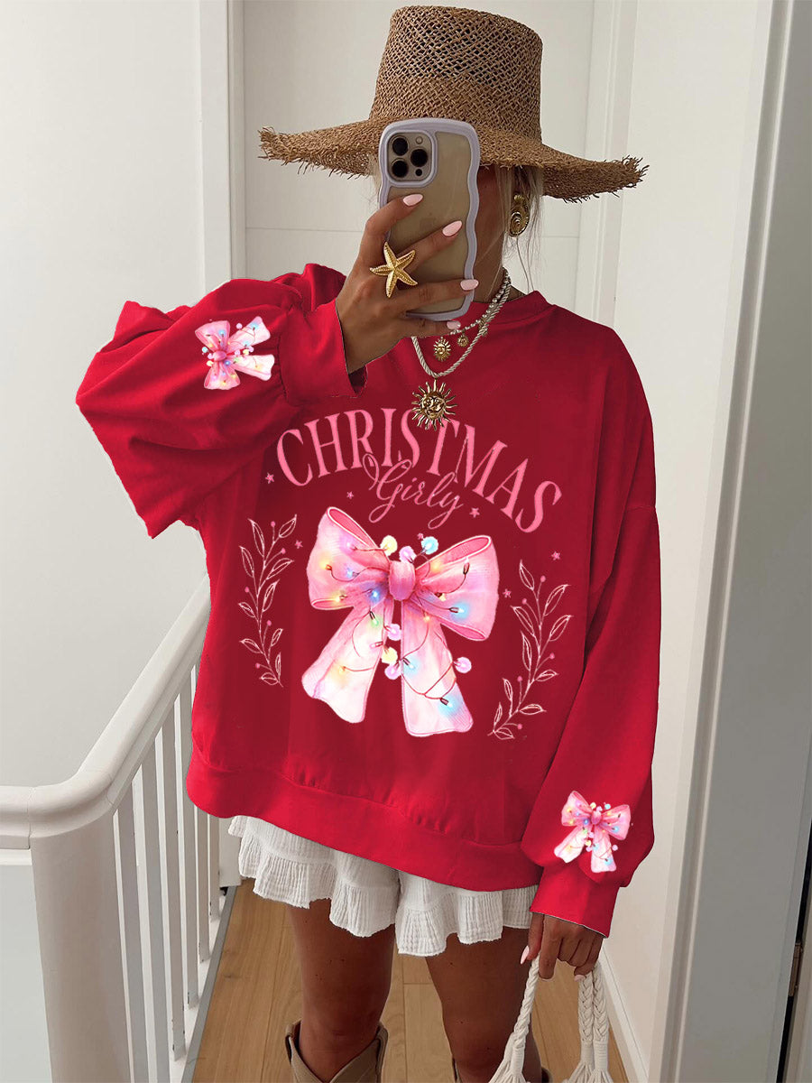 Women's Christmas Bow Print Crewneck Sweatshirt