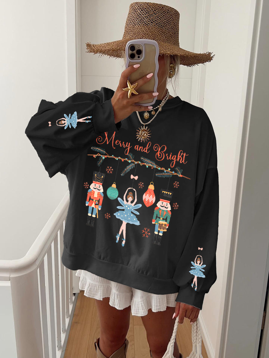 Women's White Christmas Nutcracker Print Crew Neck Sweatshirt