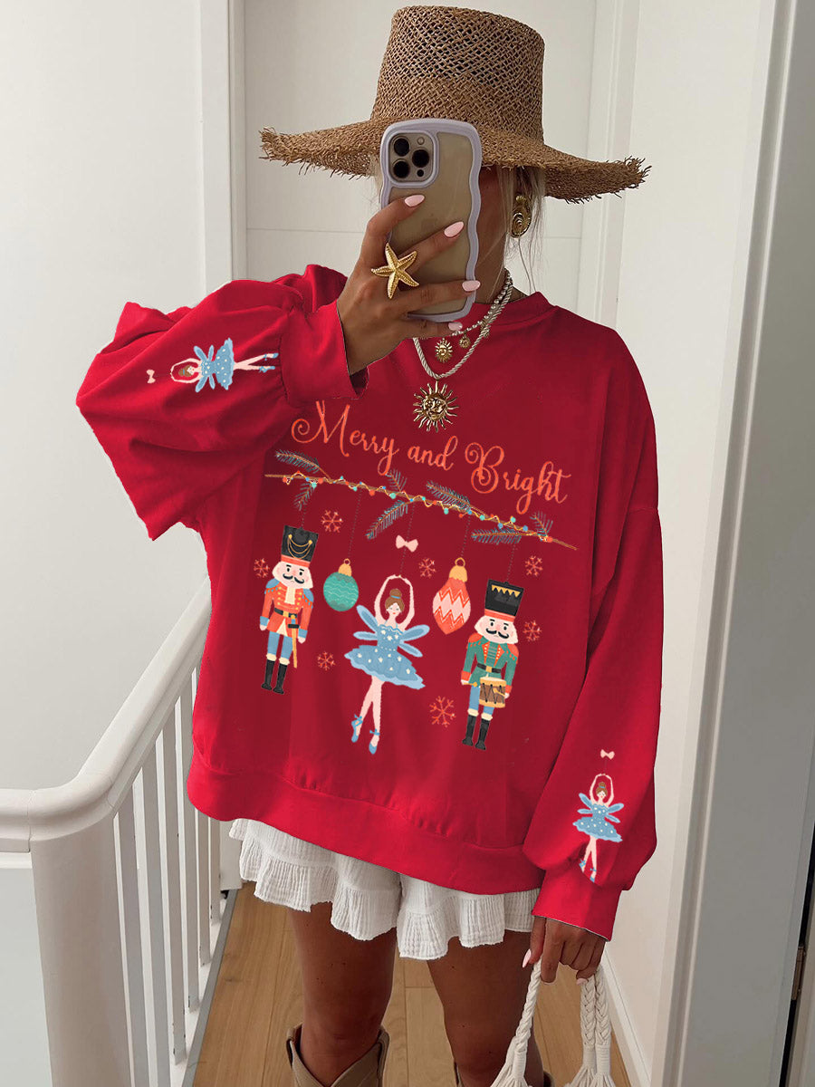 Women's White Christmas Nutcracker Print Crew Neck Sweatshirt
