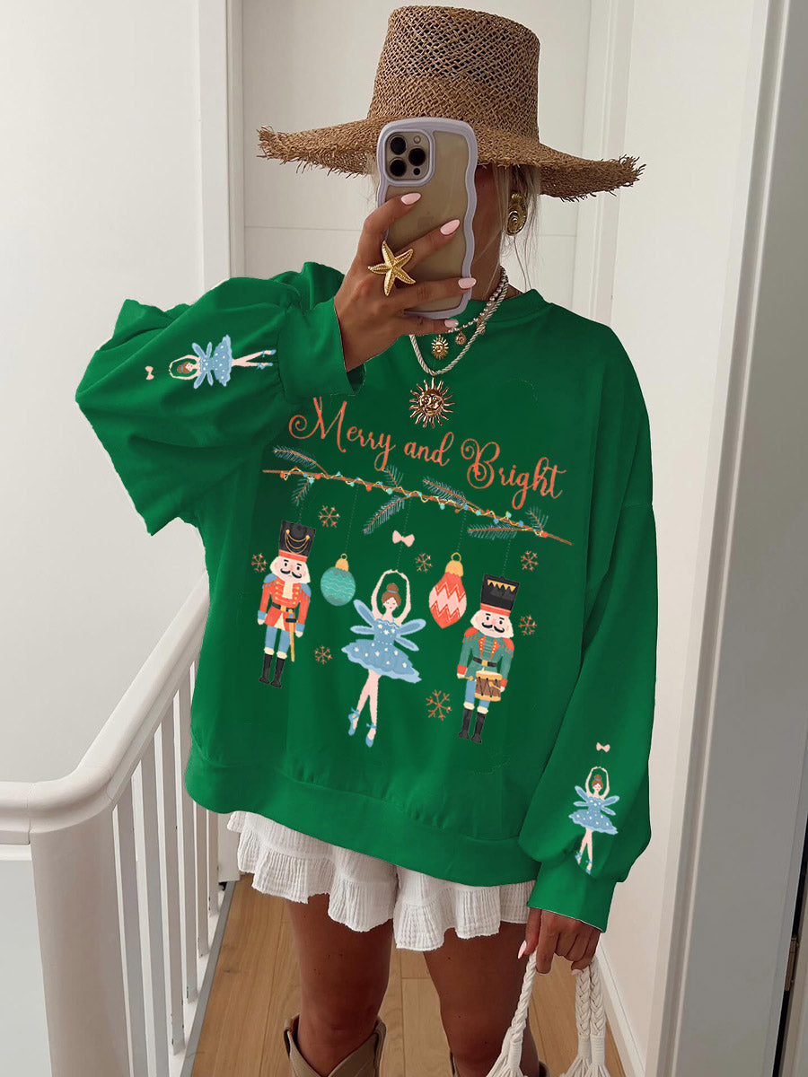 Women's White Christmas Nutcracker Print Crew Neck Sweatshirt