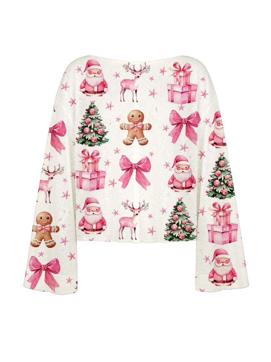 Women's Pink Christmas Print Long Sleeve Lounge Set