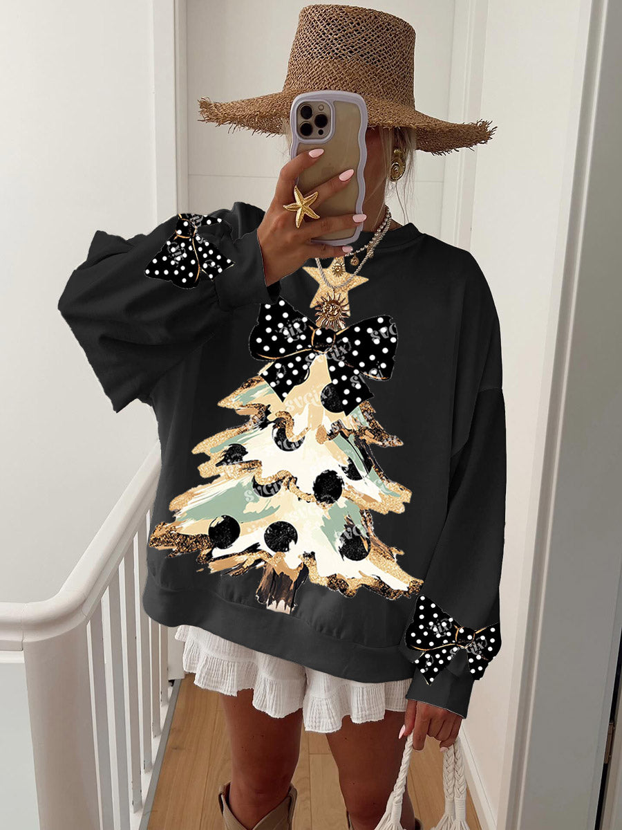 Women's Vintage Gold Dust Black Polka Dot Bow and Christmas Tree Fun Print Hoodie