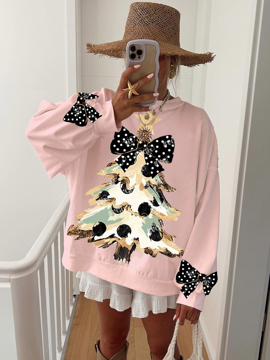 Women's Vintage Gold Dust Black Polka Dot Bow and Christmas Tree Fun Print Hoodie