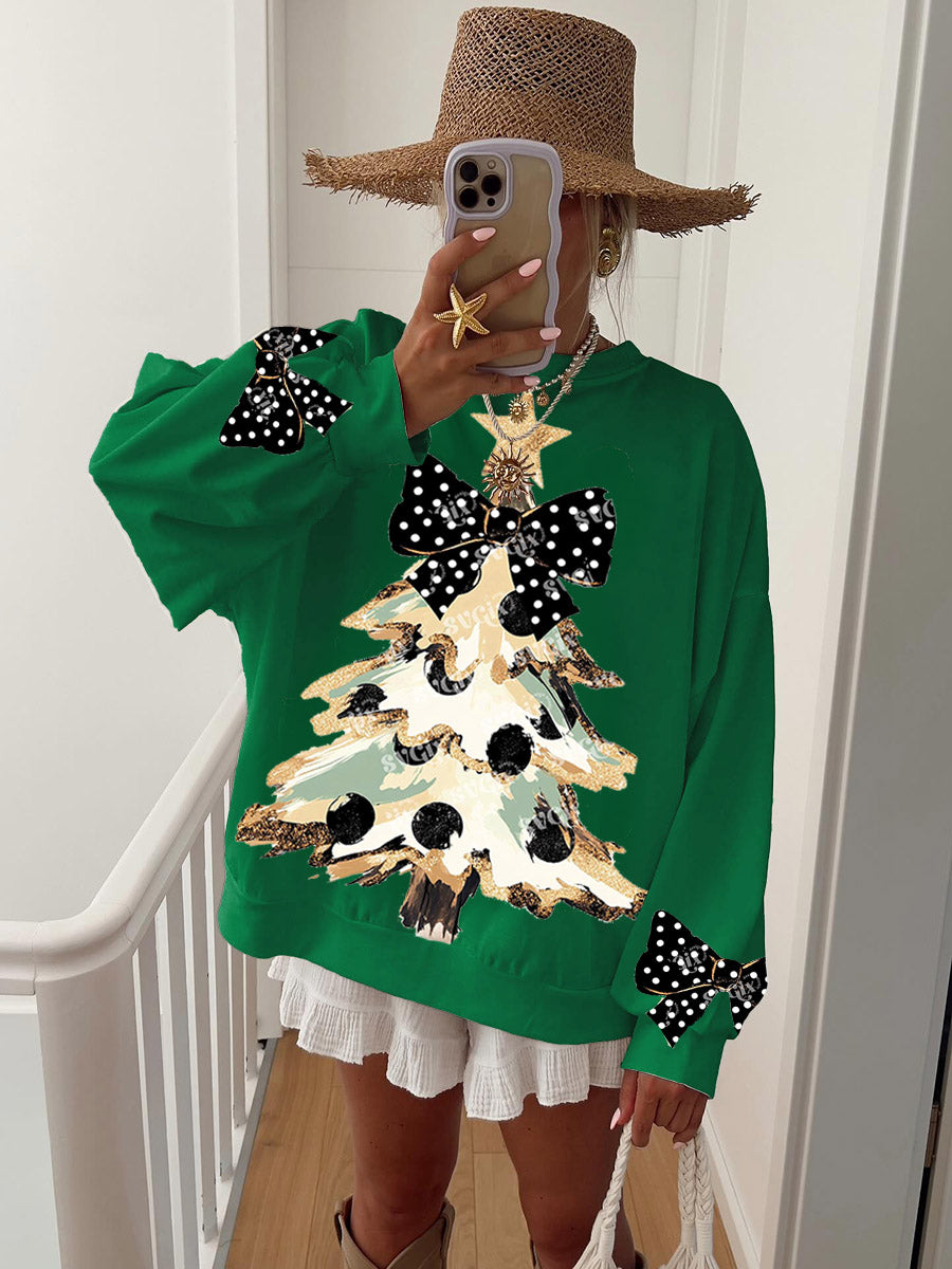 Women's Vintage Gold Dust Black Polka Dot Bow and Christmas Tree Fun Print Hoodie