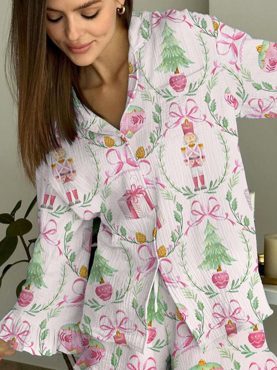 Women's Christmas Pink Bow Nutcracker Print Linen Cotton Suit