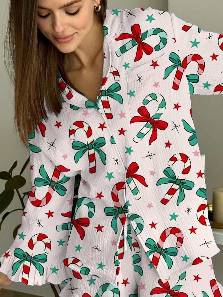 Women's Simple Candy Cane Bow Print Linen Cotton Suit