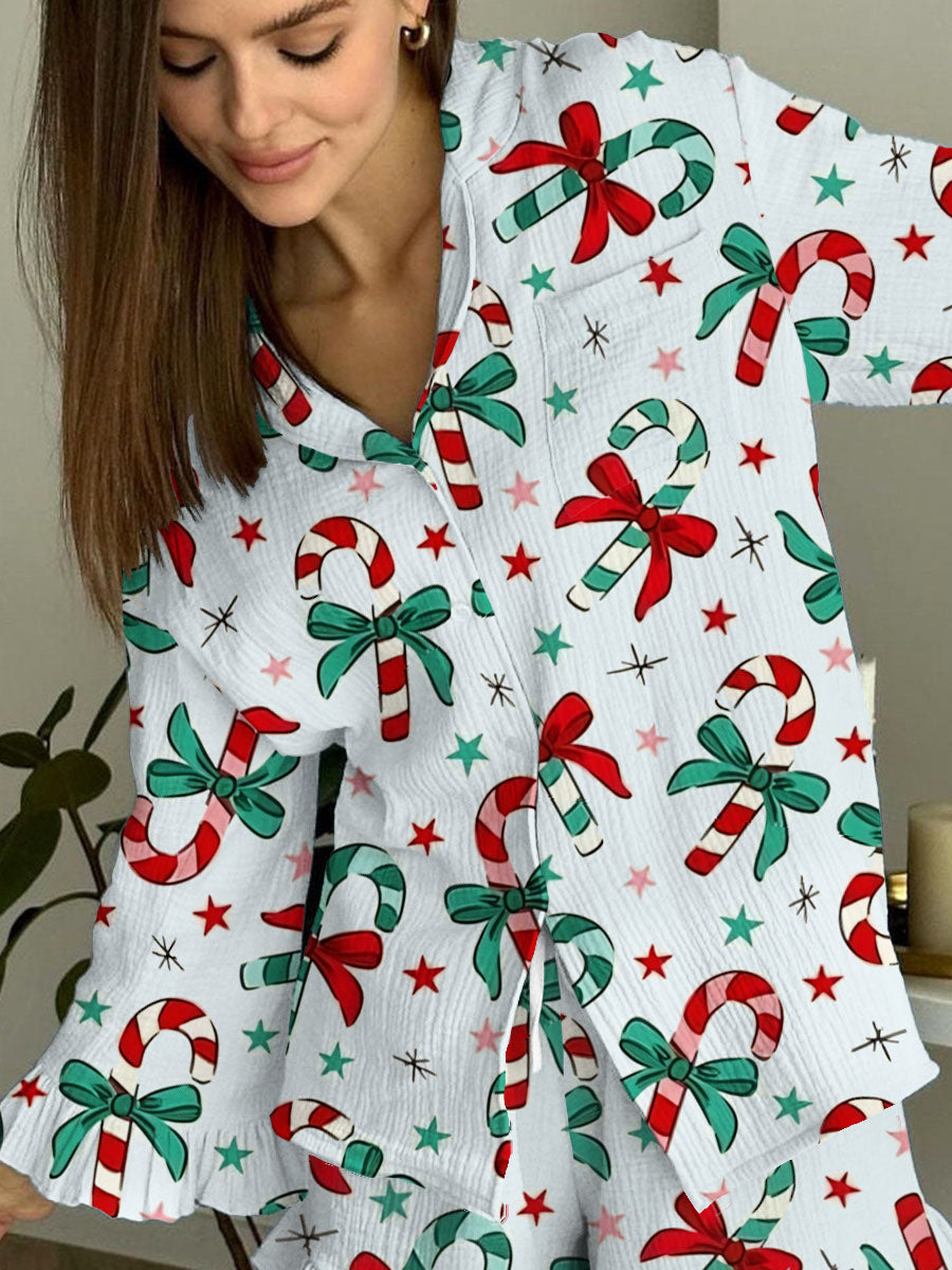 Women's Simple Candy Cane Bow Print Linen Cotton Suit