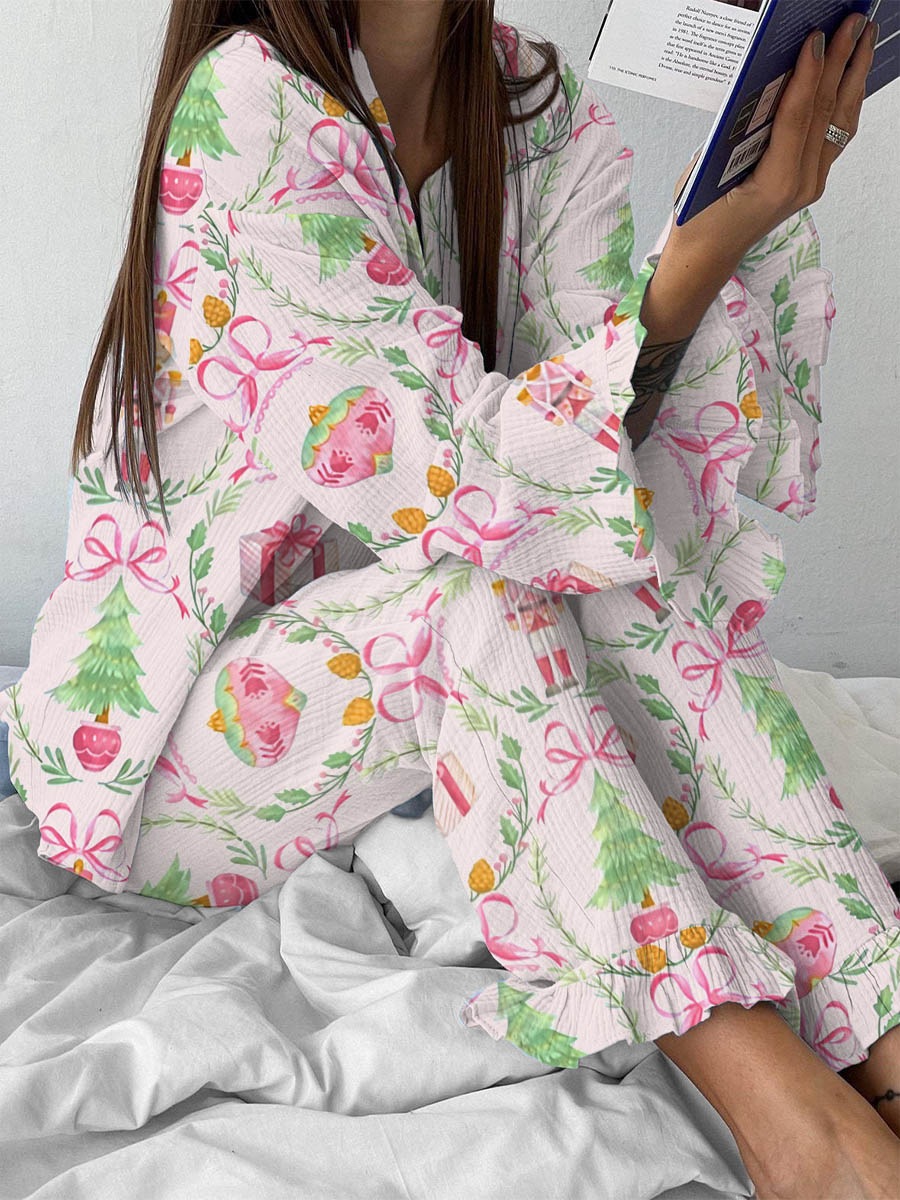 Women's Christmas Pink Bow Nutcracker Print Linen Cotton Suit