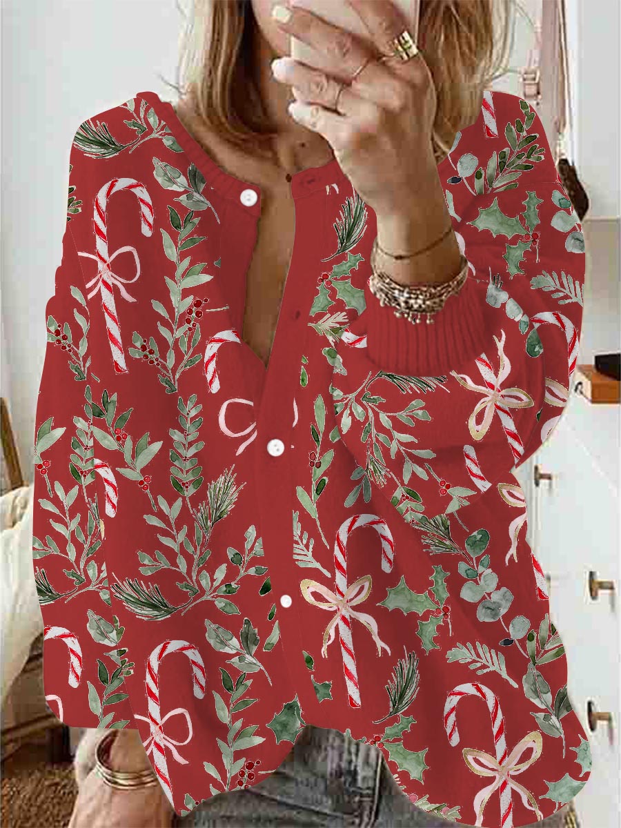 Women's Christmas Candy Branches and Leaves Print Buttoned Cardigan Sweater