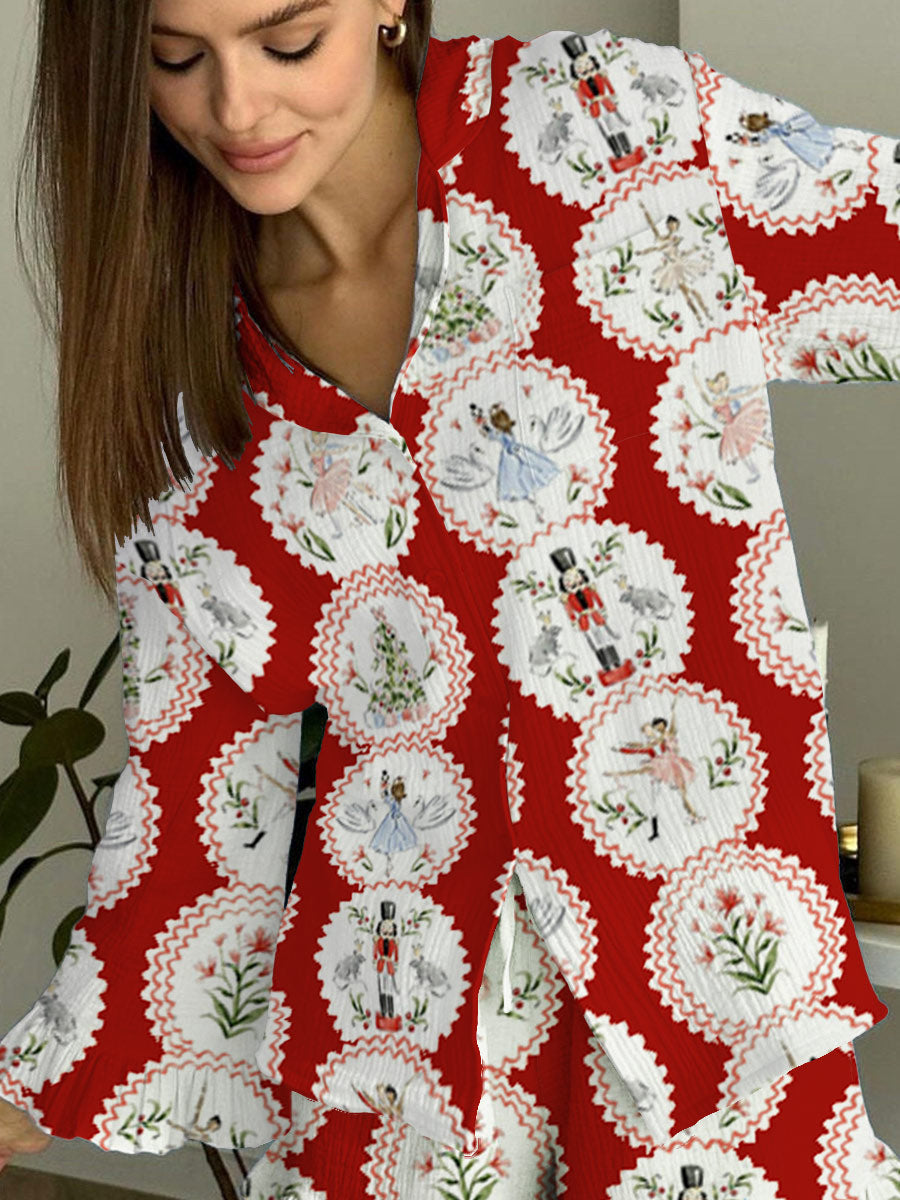 Women's Christmas Nutcracker Printed Lounge Long Sleeve Suit