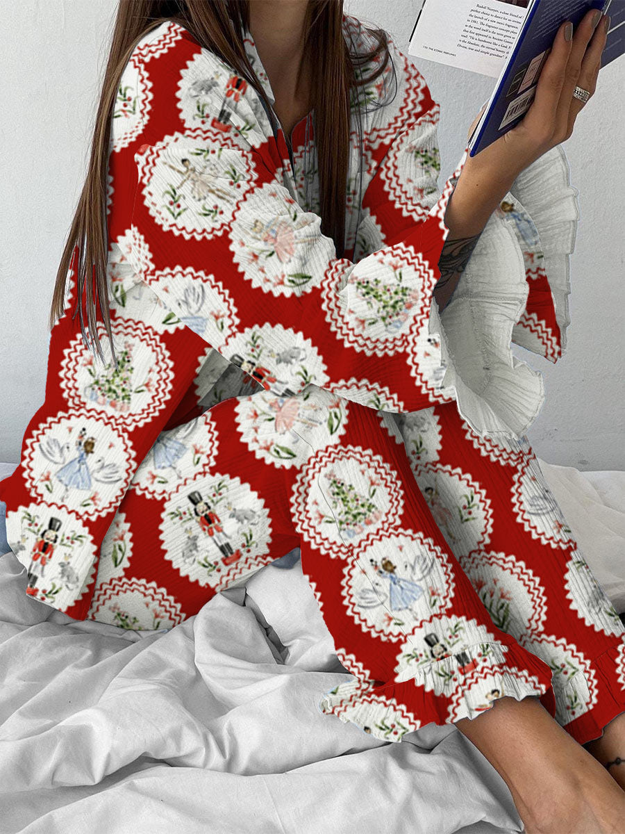 Women's Christmas Nutcracker Printed Lounge Long Sleeve Suit