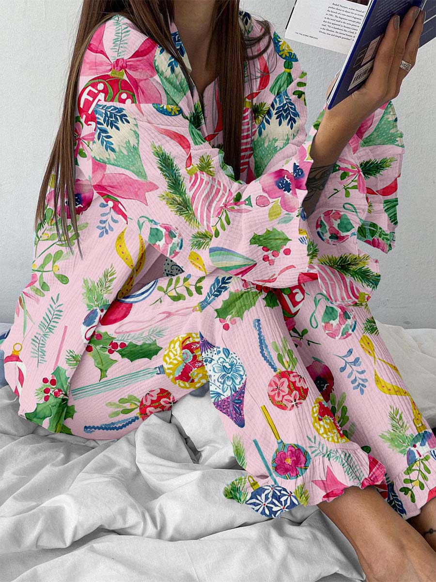 Women's Vintage Watercolor Christmas Lights Print Linen Cotton Suit