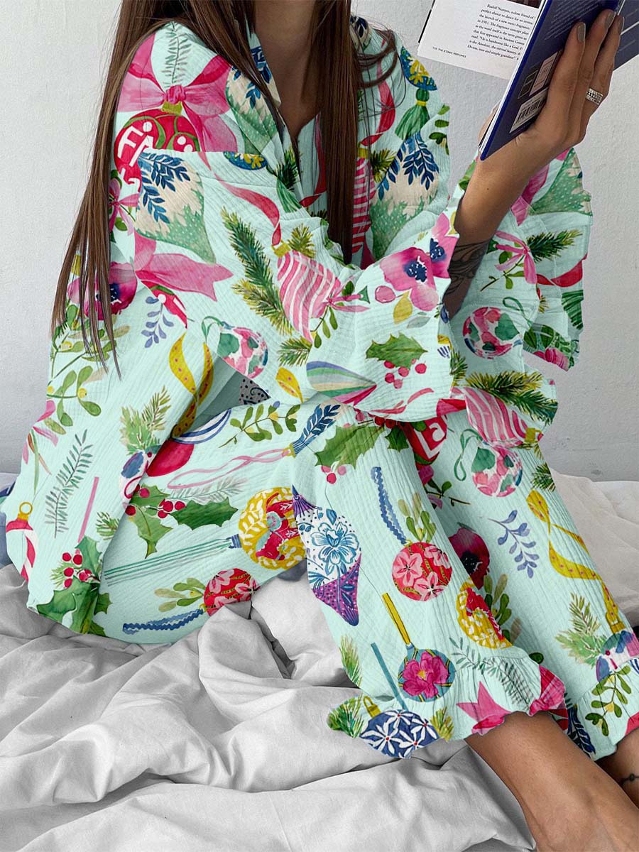 Women's Vintage Watercolor Christmas Lights Print Linen Cotton Suit