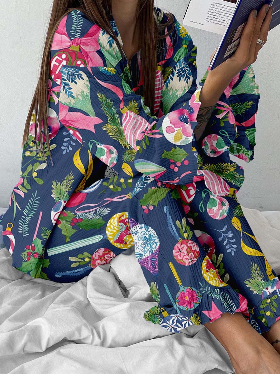 Women's Vintage Watercolor Christmas Lights Print Linen Cotton Suit