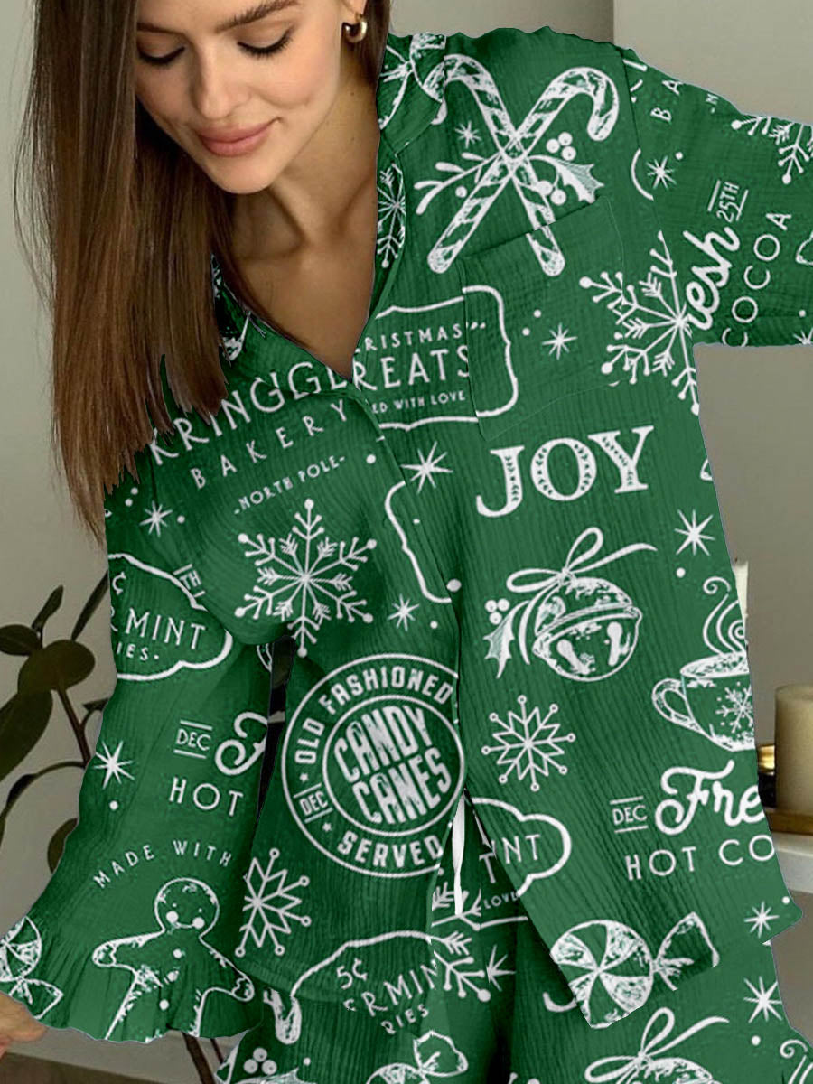 Women's Vintage Christmas Print Linen Cotton Suit