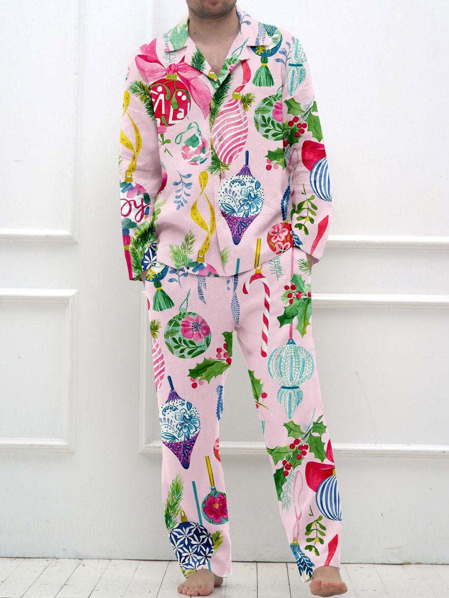 Men's Vintage Christmas Lights Watercolor Print Long Sleeve Long Pants Pajama Set