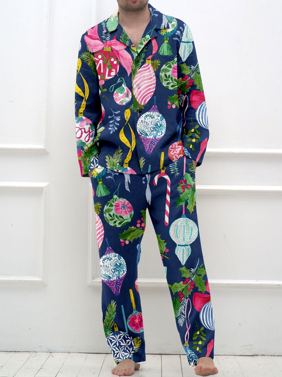 Men's Vintage Christmas Lights Watercolor Print Long Sleeve Long Pants Pajama Set