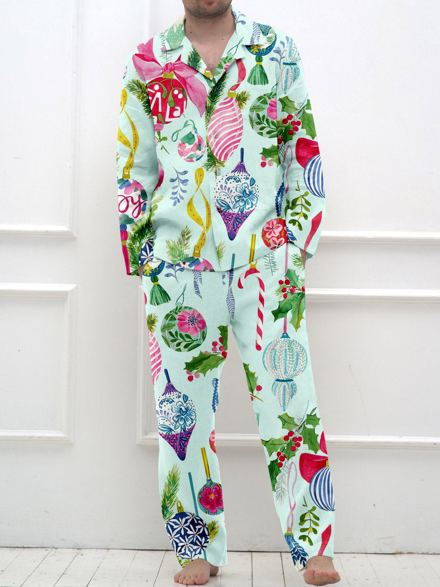 Men's Vintage Christmas Lights Watercolor Print Long Sleeve Long Pants Pajama Set