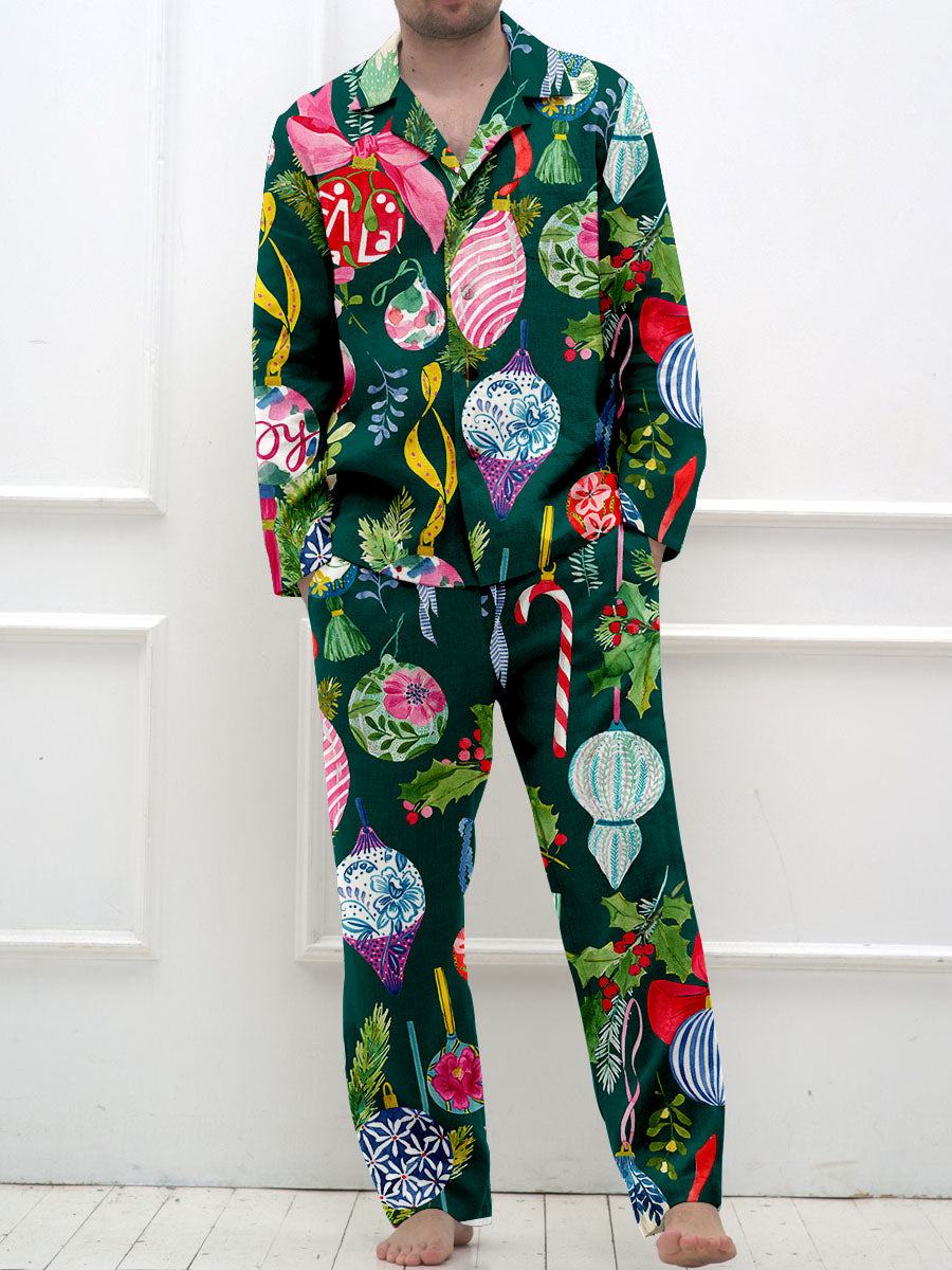 Men's Vintage Christmas Lights Watercolor Print Long Sleeve Long Pants Pajama Set