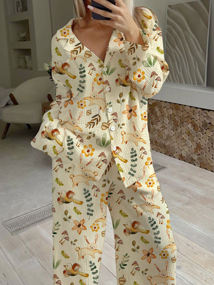 Women's Cute Animal Art Floral Print Home Long Sleeve Suit