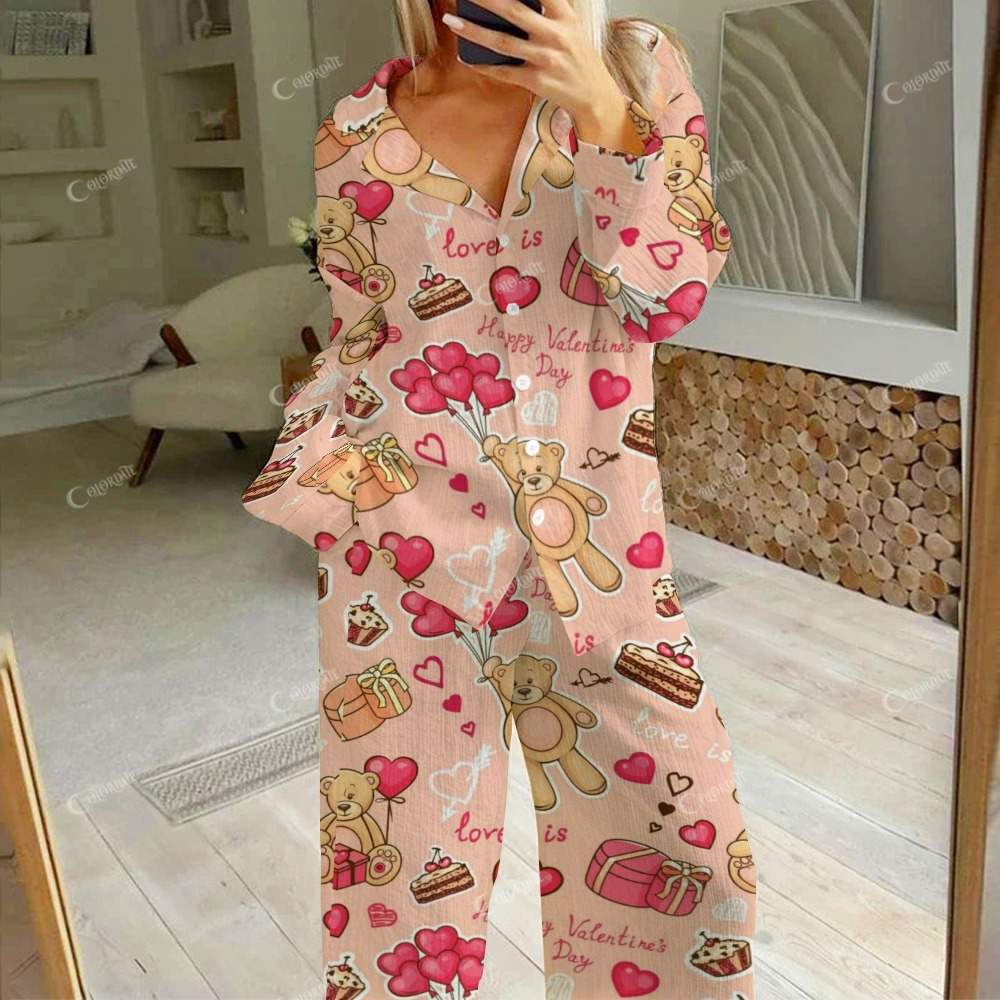 Women's Valentine's Day Bear Heart Balloon Print Cotton Cardigan Homewear Set