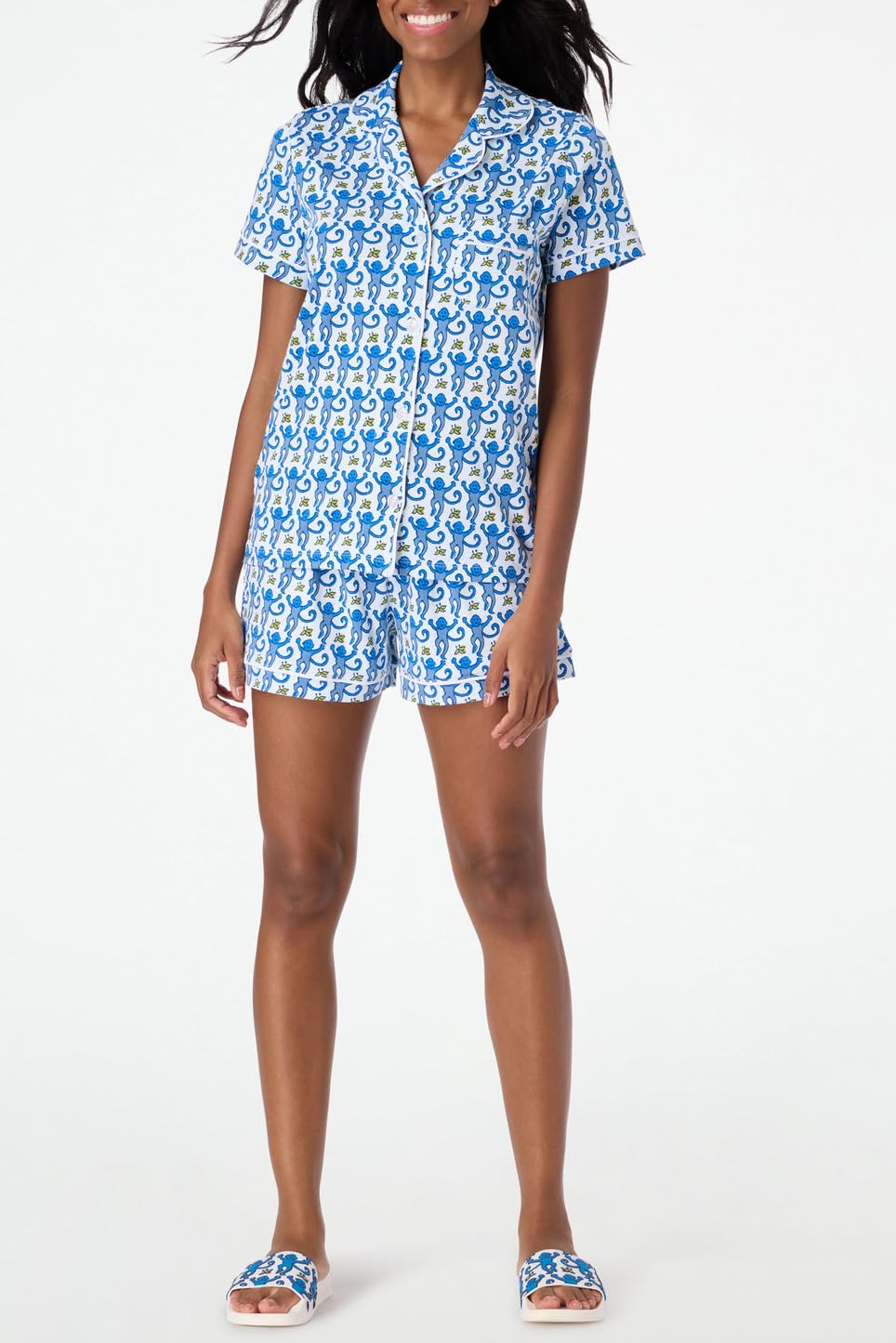 Monkey Print Pajamas Set Blue Cotton Homewear Set
