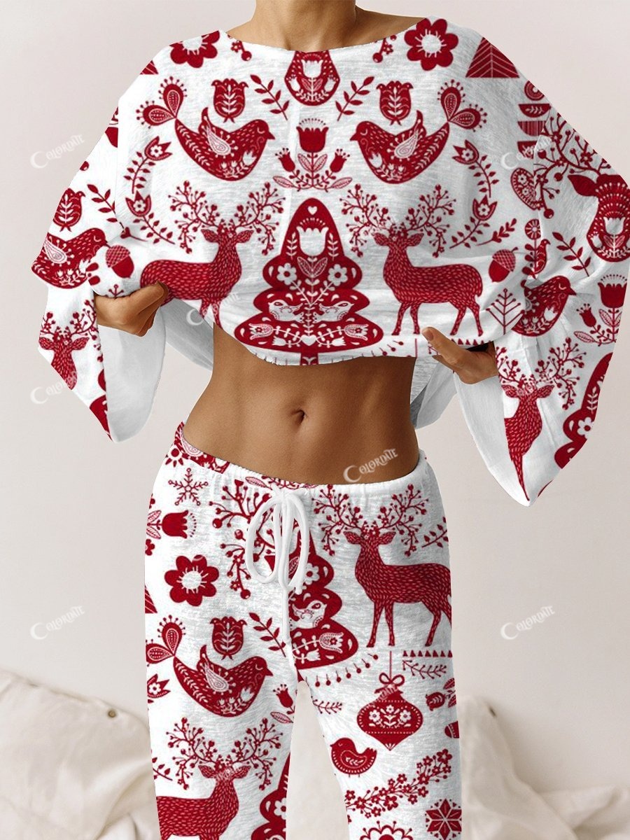 Women's Christmas Elk Pattern Long Sleeve Pants Suit