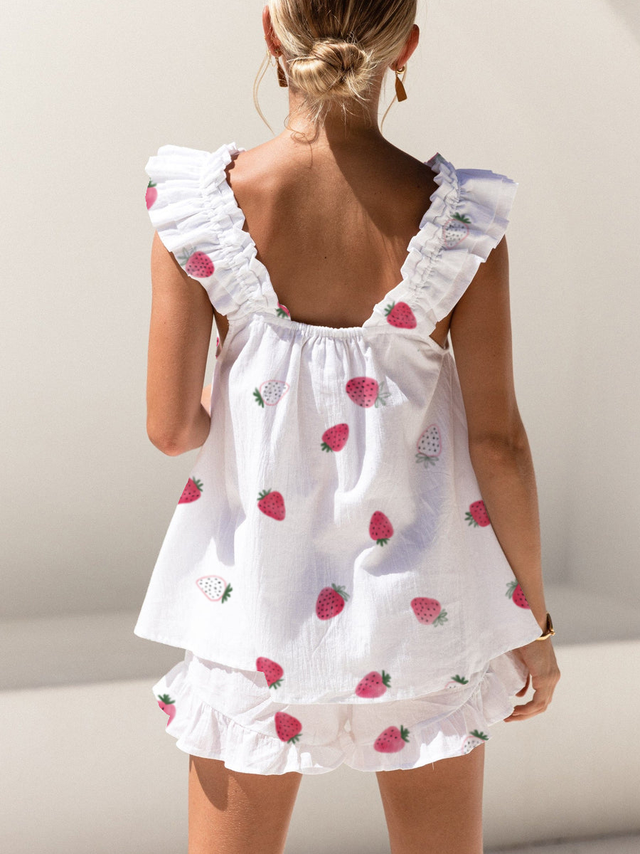 Pink And White Strawberry Print Ruffled Trim Short Tank Top Shorts Pajama Set