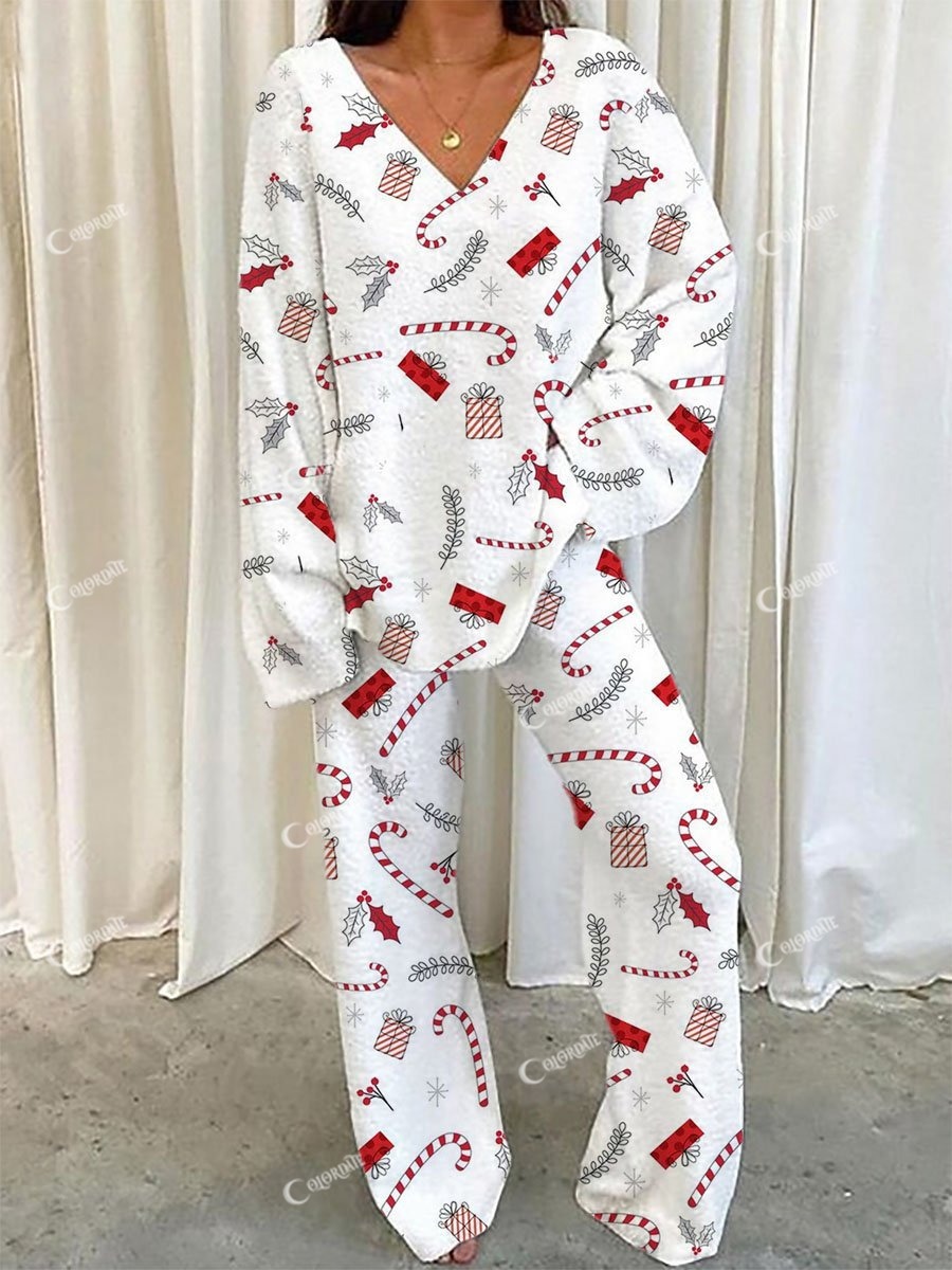 Women's Christmas Candy Cane Fleece Long Sleeve Pant Set
