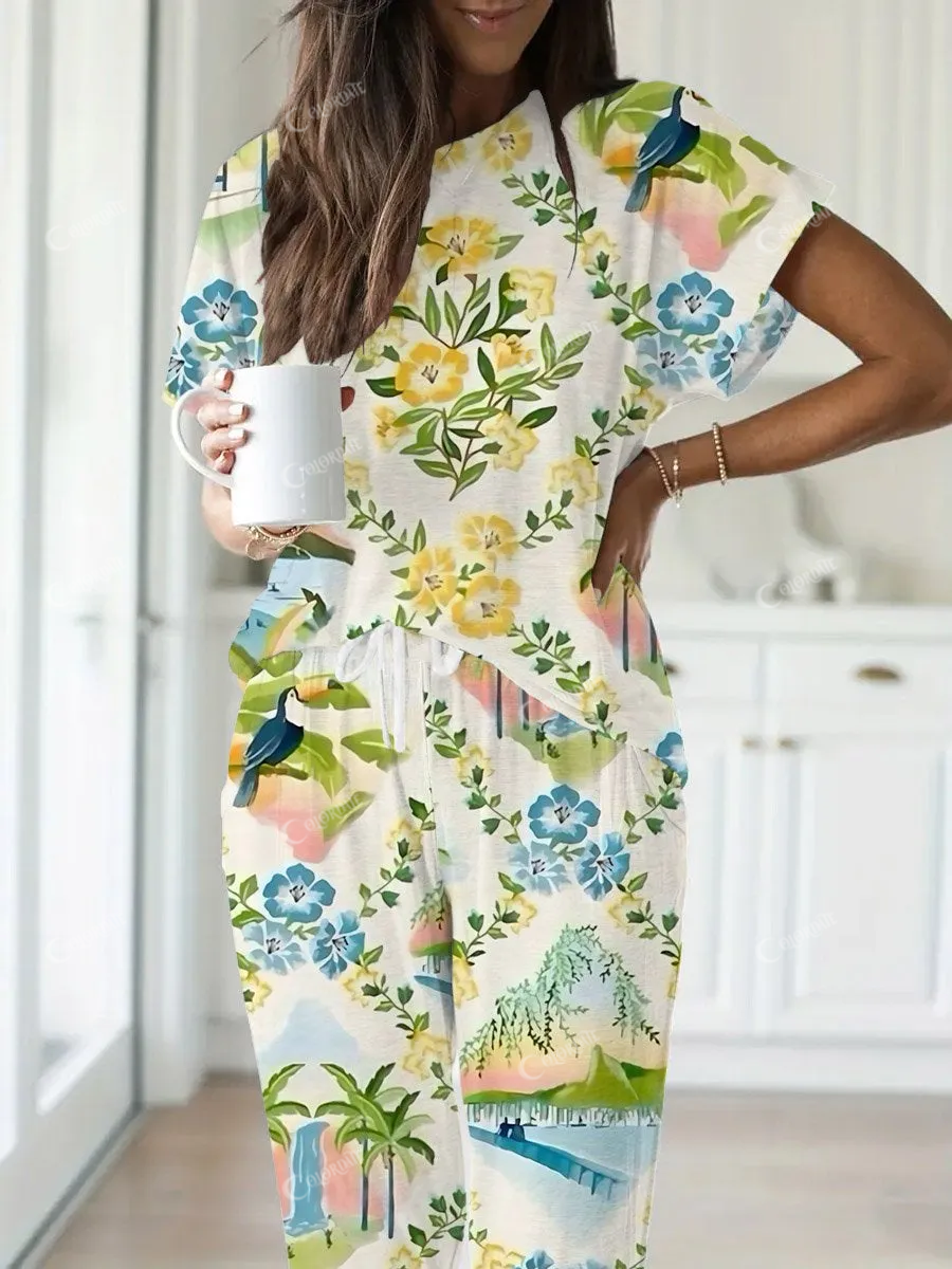 Women's Travel Floral Print Short Sleeve Loungewear Set