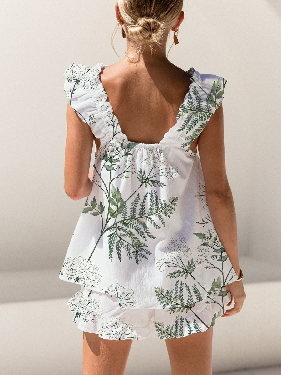 Fresh White Flowers Print Ruffled Trim Short Tank Top Shorts Pajama Set