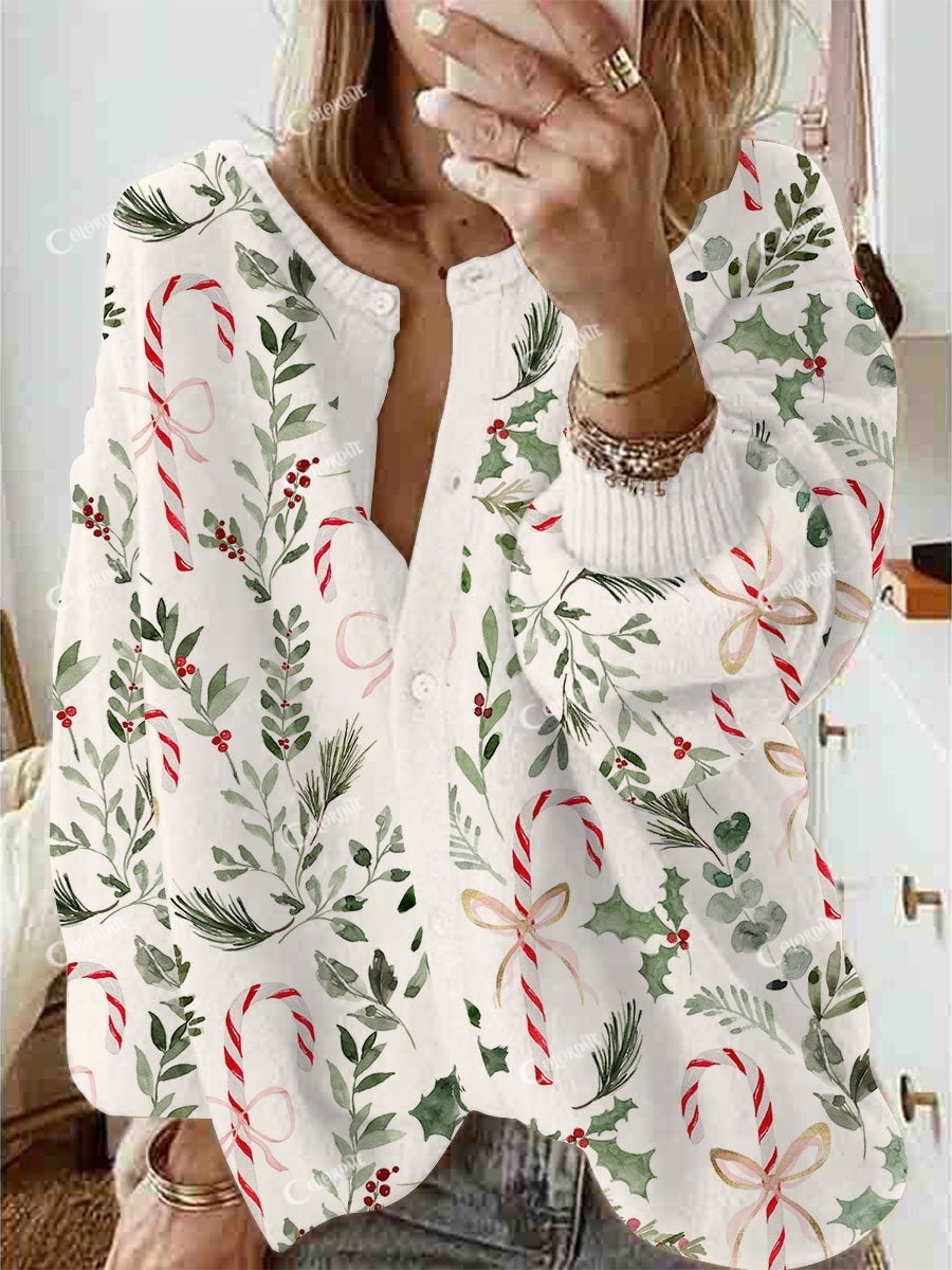 Women's Christmas Candy Branches and Leaves Print Buttoned Cardigan Sweater