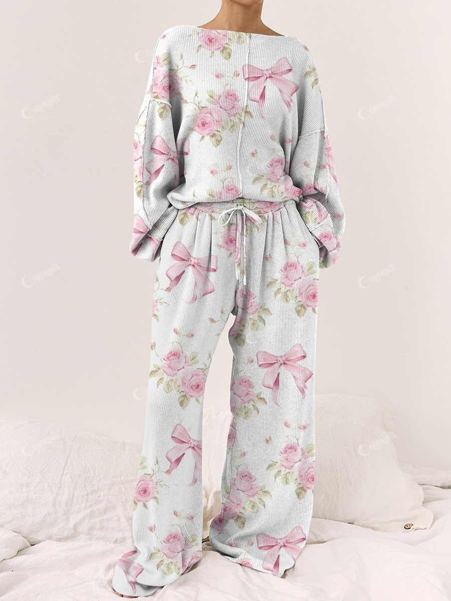 Women's Bow Flower Long Sleeve Pants Suit