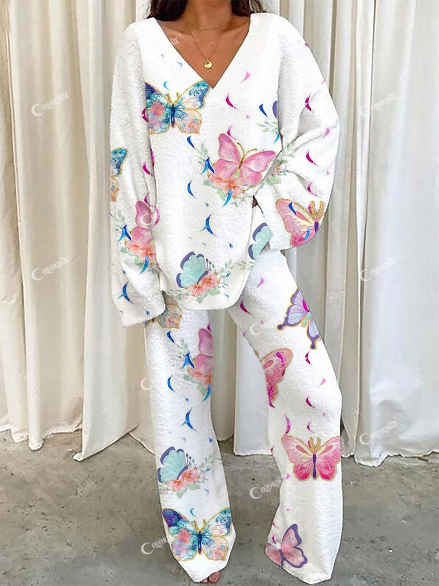 Women's Ribbon Butterfly Pattern V-Neck Long Sleeve Pants Suit