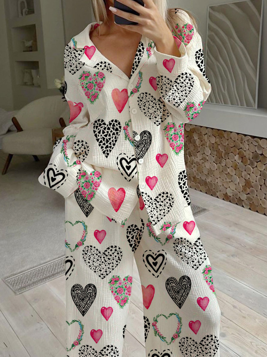 Women's Valentine's Day Love Art Painting Home Long Sleeve Suit