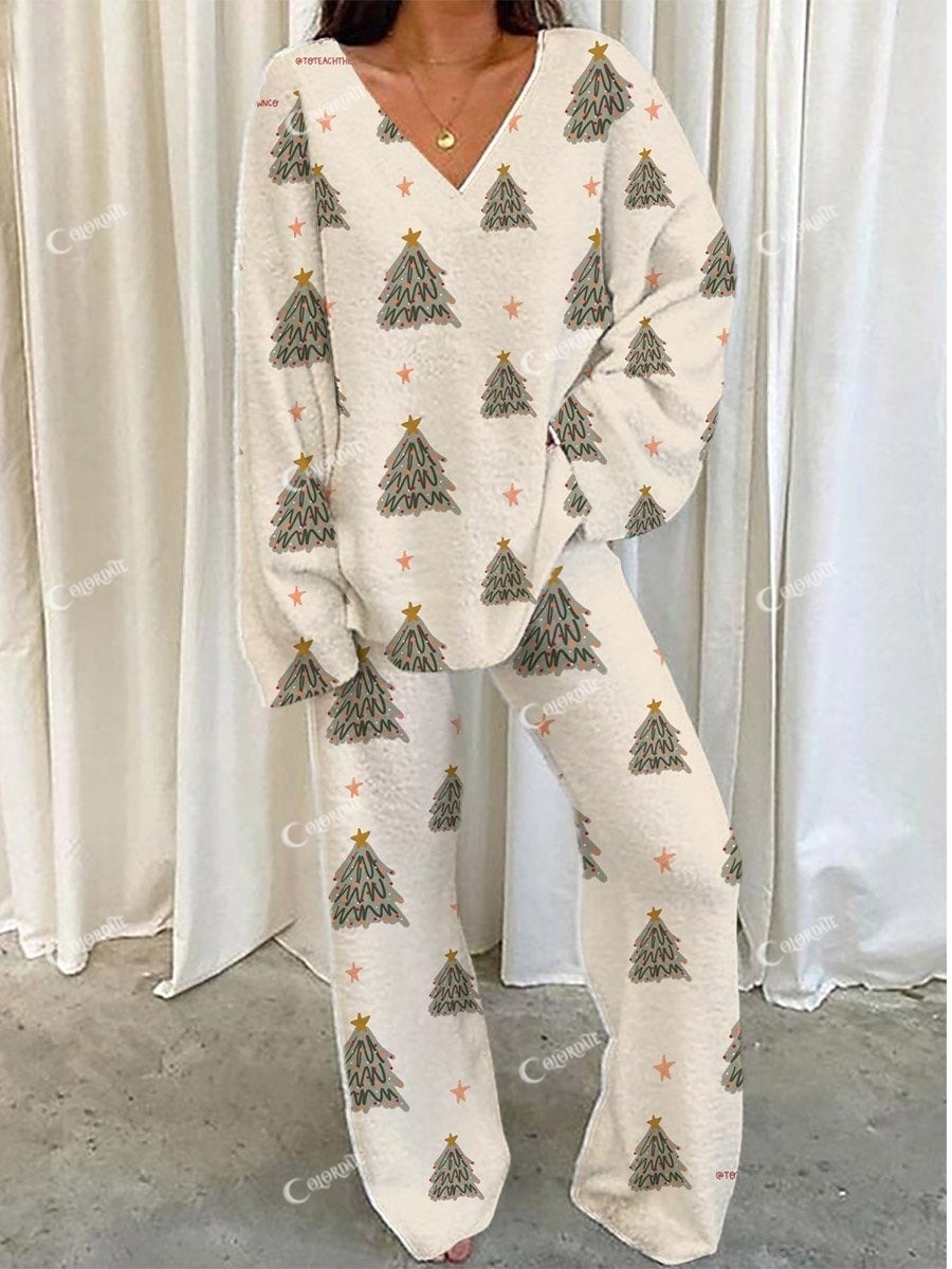 Hand-Painted Christmas Tree Loungewear Set For Women
